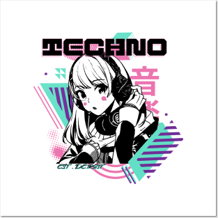 TECHNO - Y2K Anime (Black/teal/pink) Posters and Art